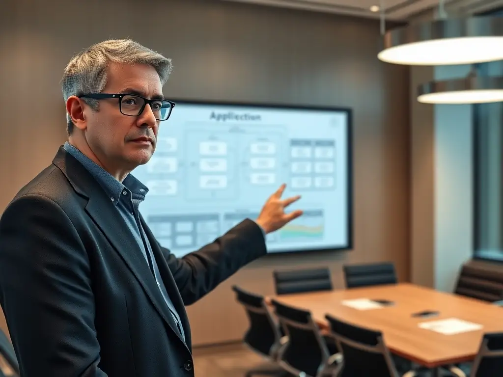 An experienced web developer is presenting a complex web application architecture diagram in a meeting, representing the advanced-level web development specialization at codehub.site.