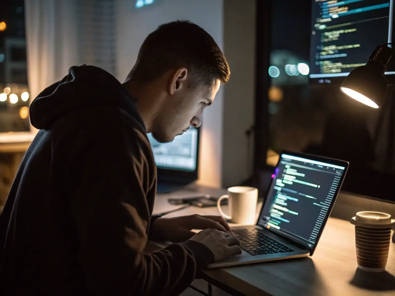 An intermediate web developer is debugging code on multiple monitors in a brightly lit office, showcasing the intermediate-level web development course at codehub.site.