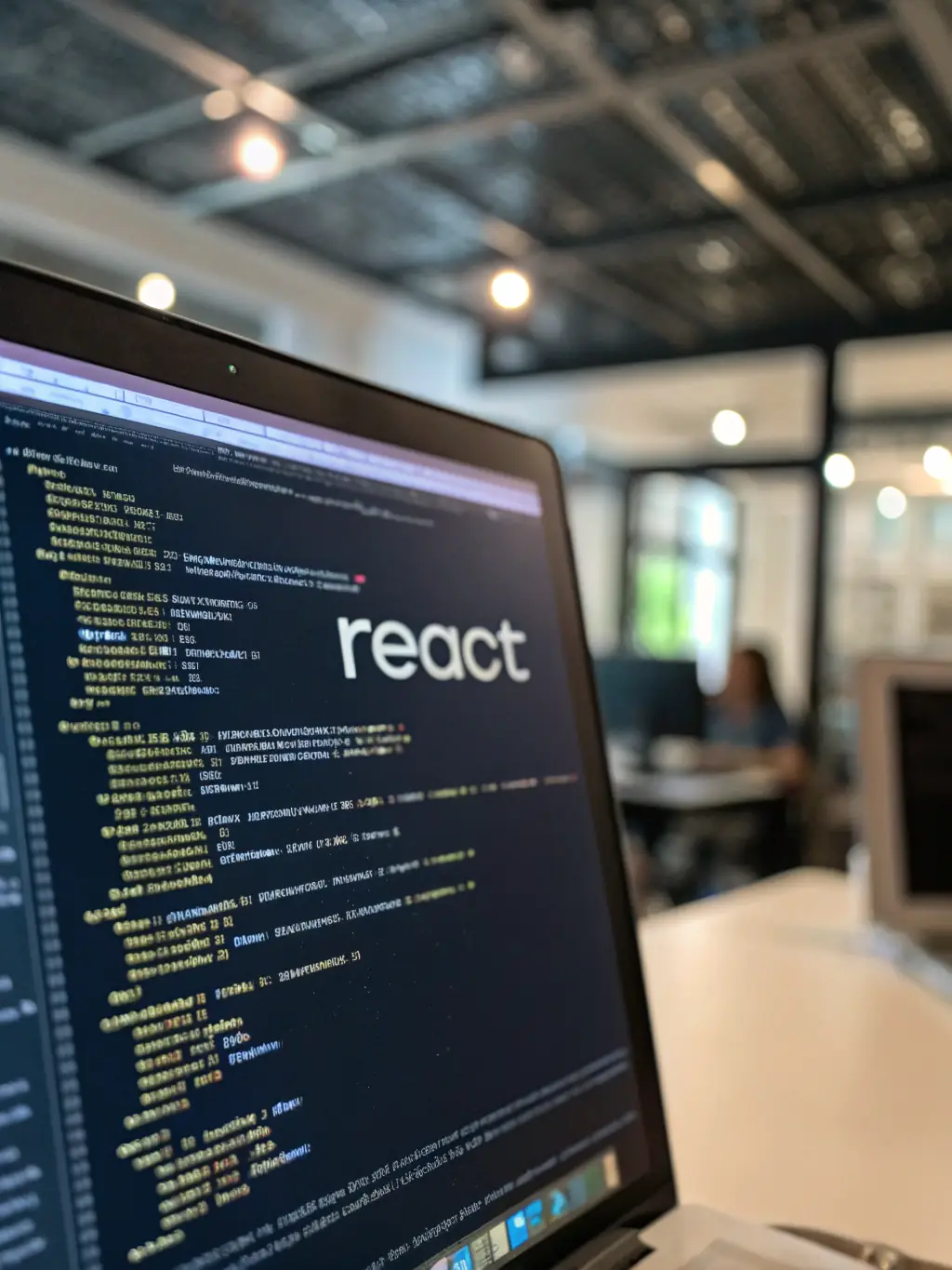A close-up shot of code on a computer screen, highlighting the use of React framework.