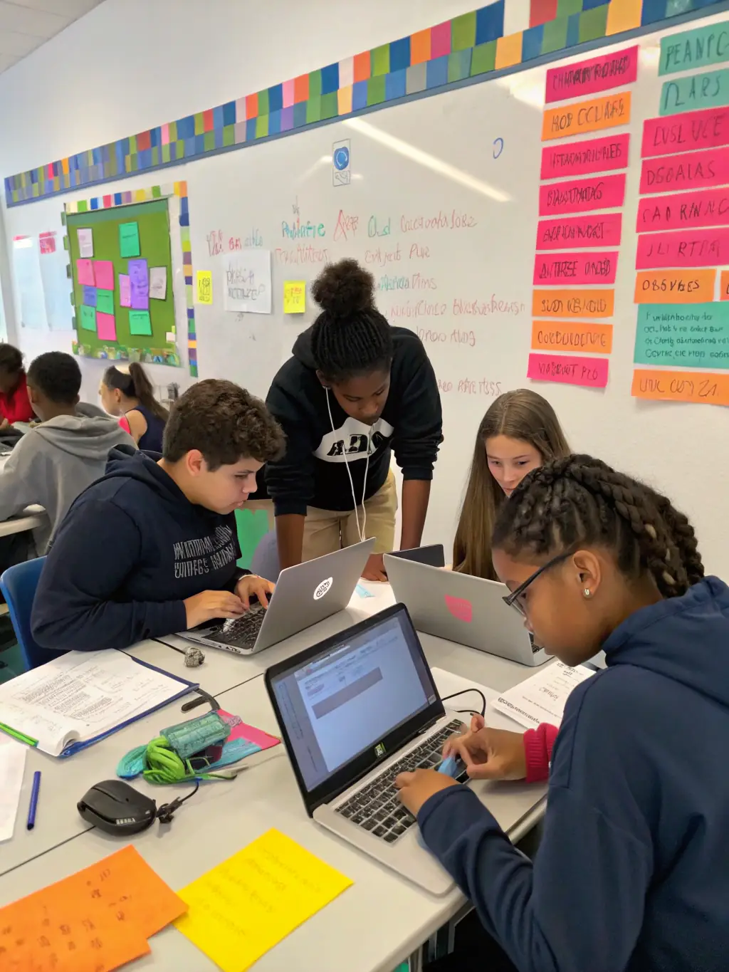 A group of students collaborating on a web development project, using laptops and discussing code. The image should convey teamwork and practical application.