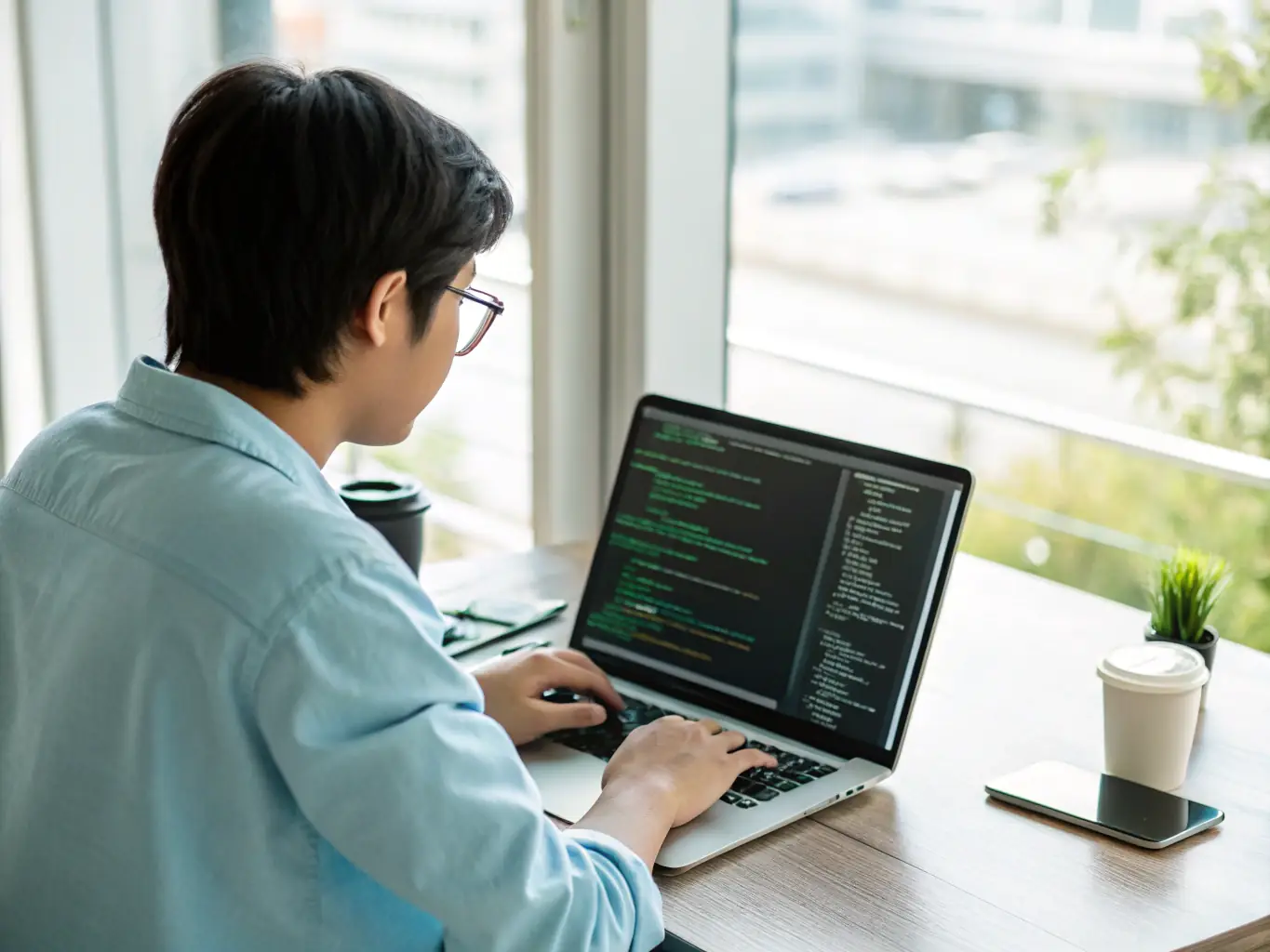 A student is working on a laptop, focusing on code with a determined expression, in a modern classroom setting at codehub.site, illustrating the beginner-level web development course.