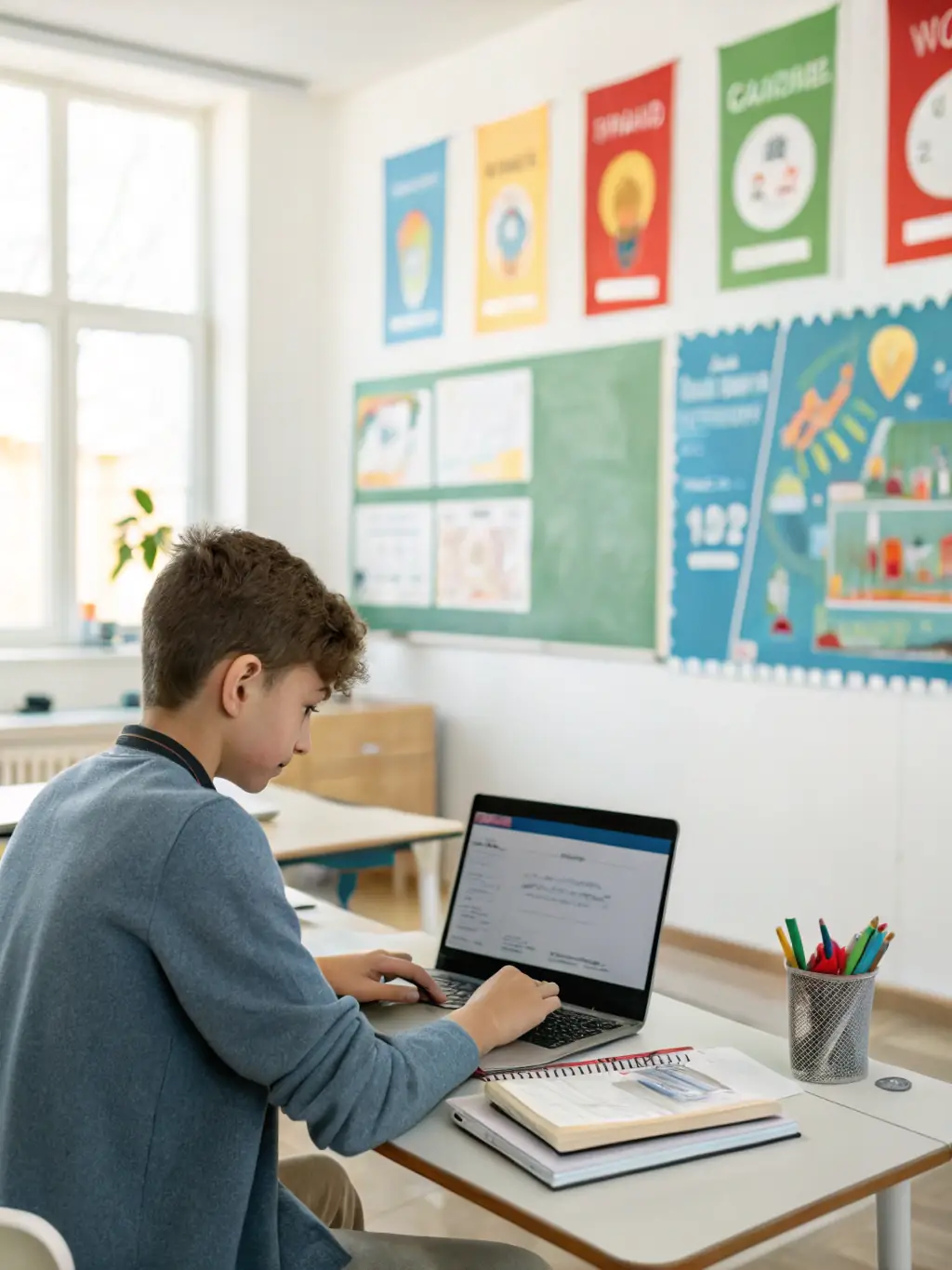 A student coding at a computer, focused on learning web development, with a Canadian flag sticker on the laptop.